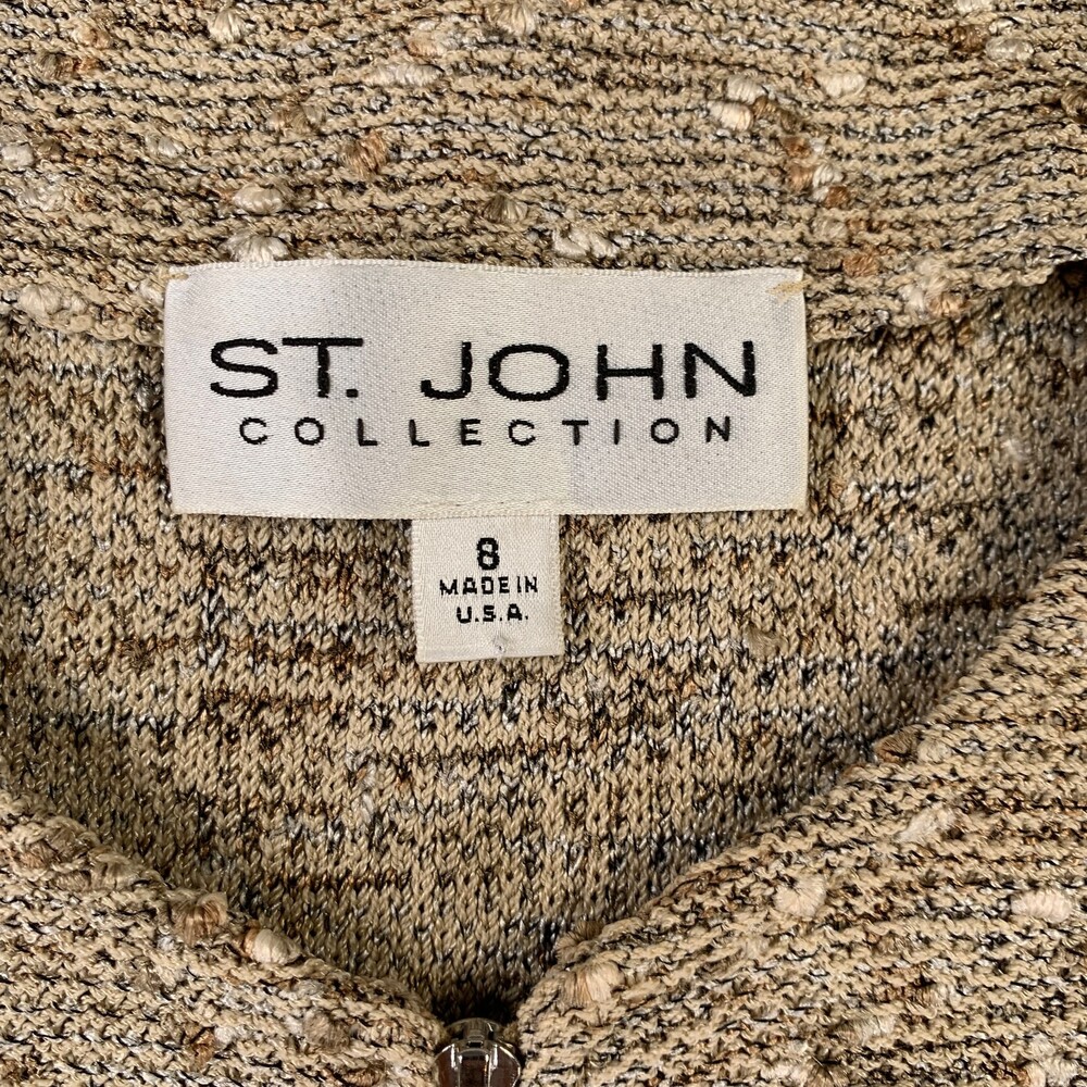 St. John Collection Blazer Jacket Gold Tan Boucle Knit Leather Trim Zip Size 8 - Picture 3 of 12